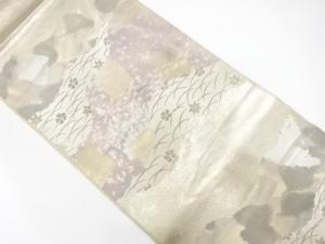 アンティーク　服部織物製　こはく錦　道長取りに芝草・花模様織り出し袋帯（材料）